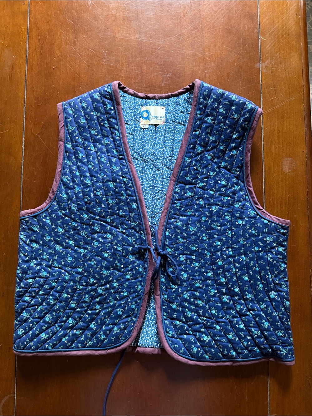 Quilted Floral Tie-Front Vest in Navy Blue by Quilts Ltd